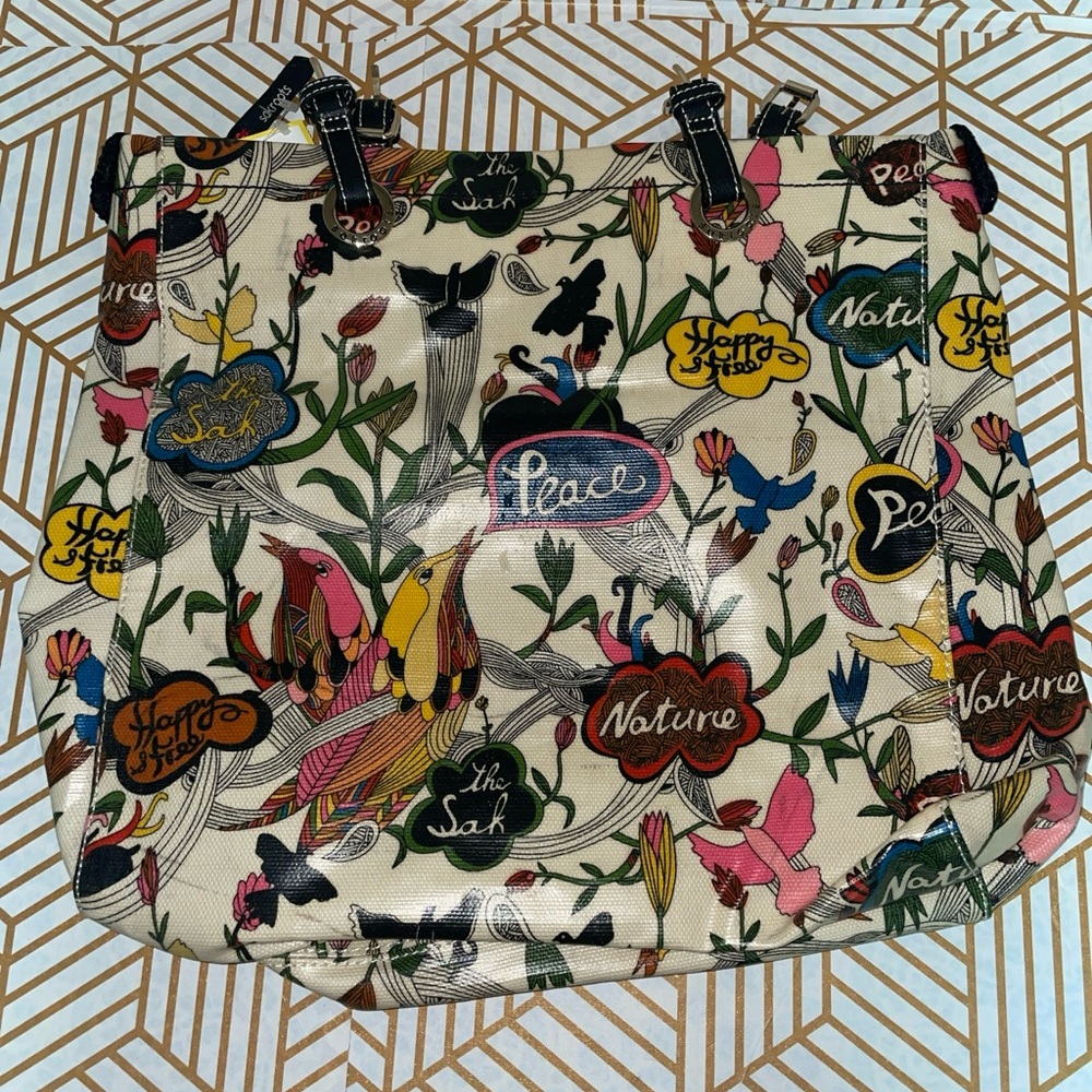 Sakroots Coated Canvas Tote Bag Multicolored Peace/Birds/Floral Print 13"x13."